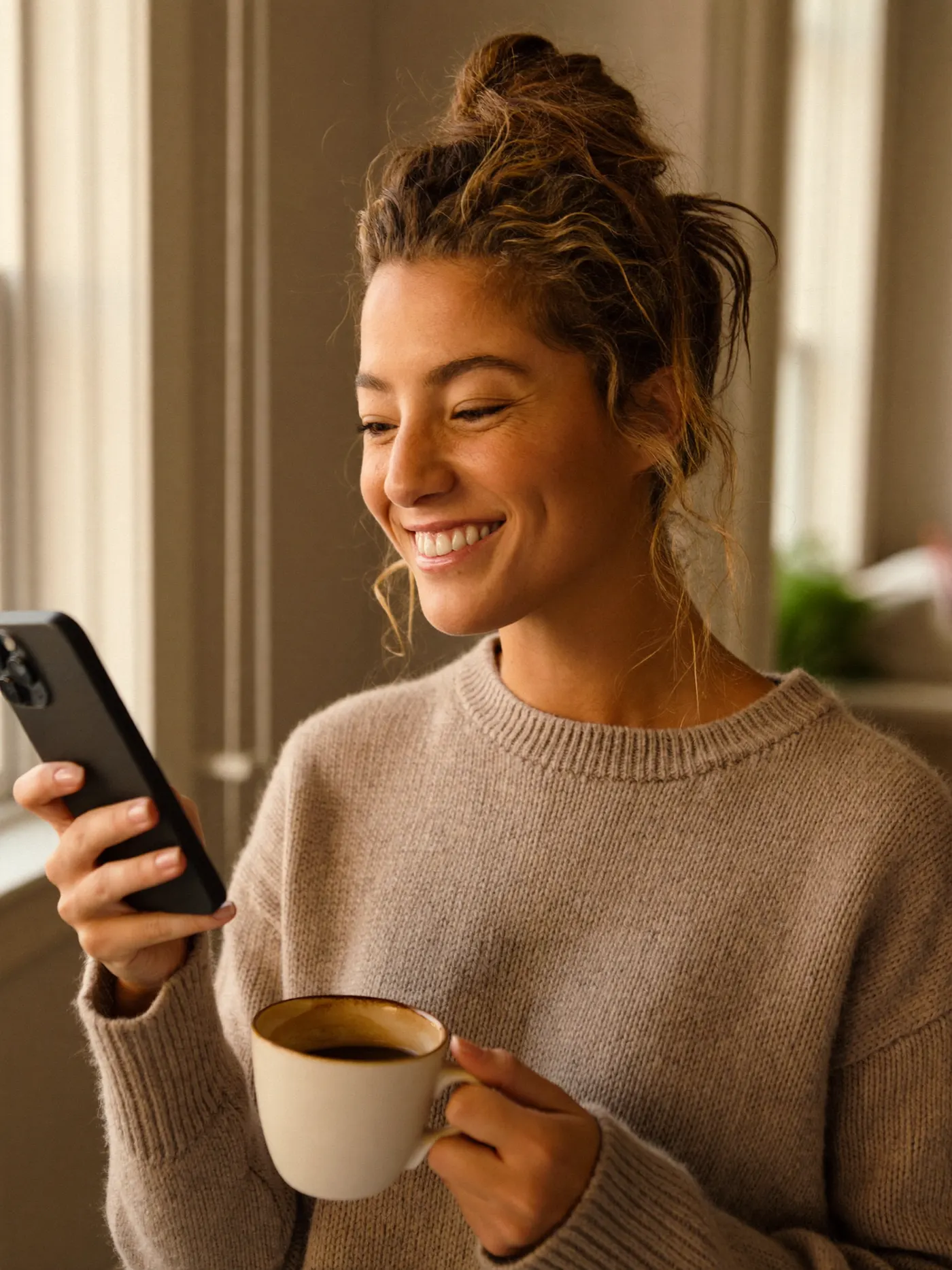Mãe sorrindo enquanto olha o celular, com uma xícara de café na mão